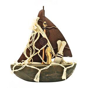 Rustic Wooden Metal Sailboat Decor Rope Accents Distressed Finish Coastal Beach